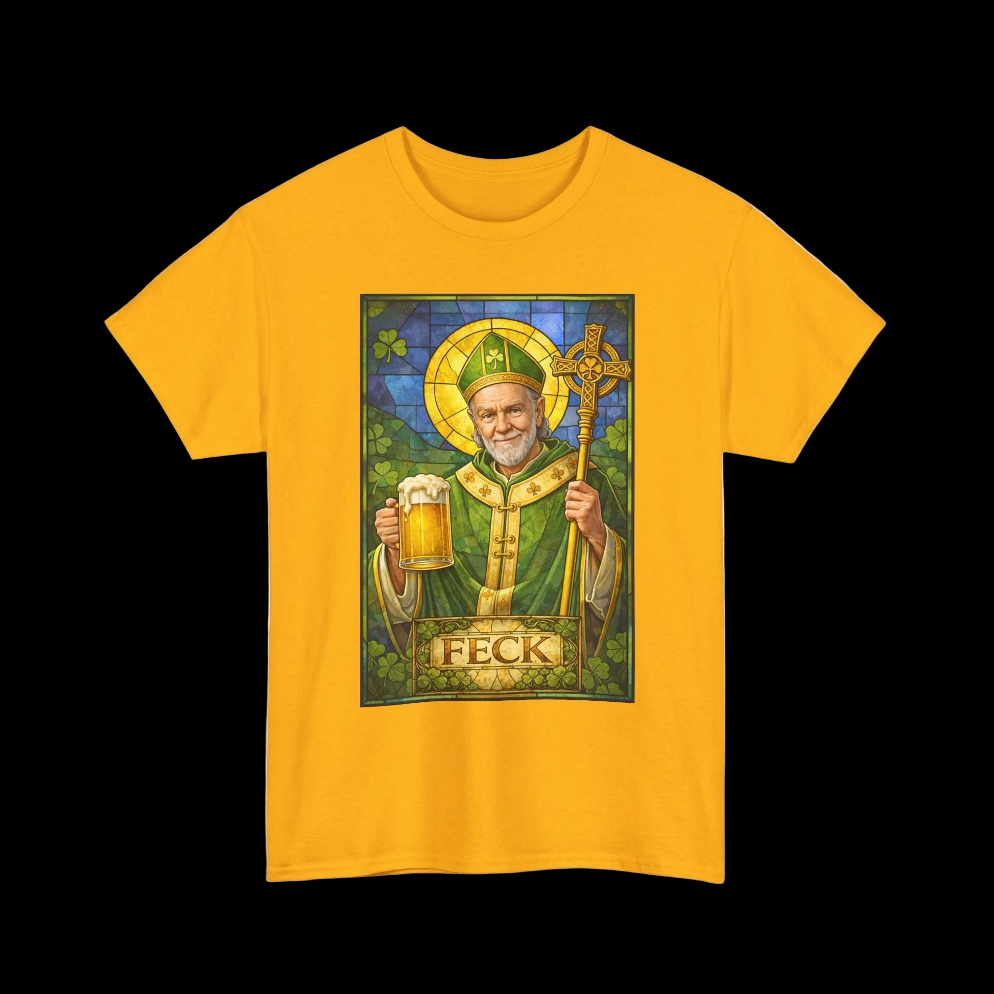 Yellow t-shirt with a graphic of a saint holding a beer mug and the word 'FECK' on a white background
