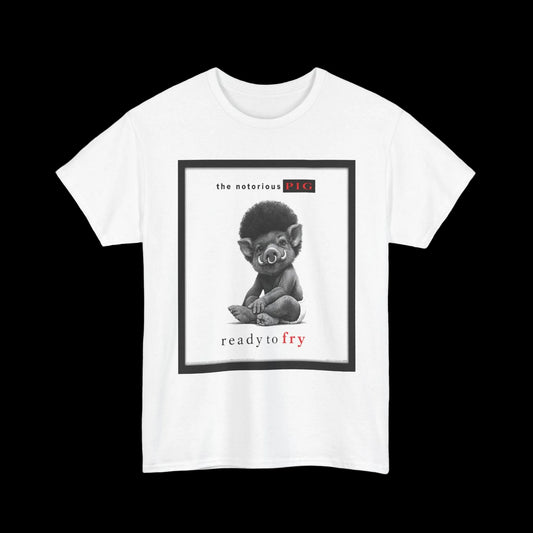 White t-shirt with graphic design of a baby and text on a white background