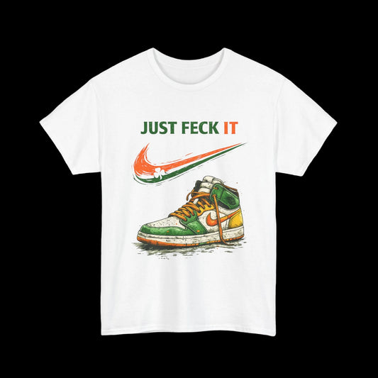 White t-shirt with a graphic of a sneaker and 'Just Feck It' text on a white background