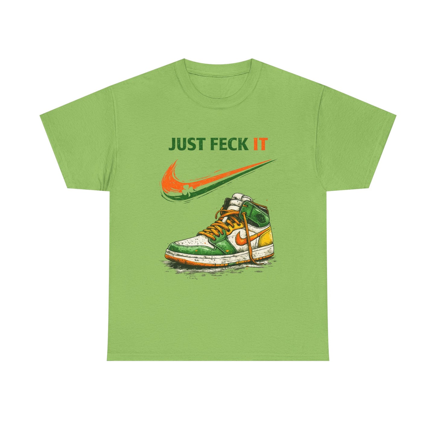 Green t-shirt with a graphic of a sneaker and text on a white background