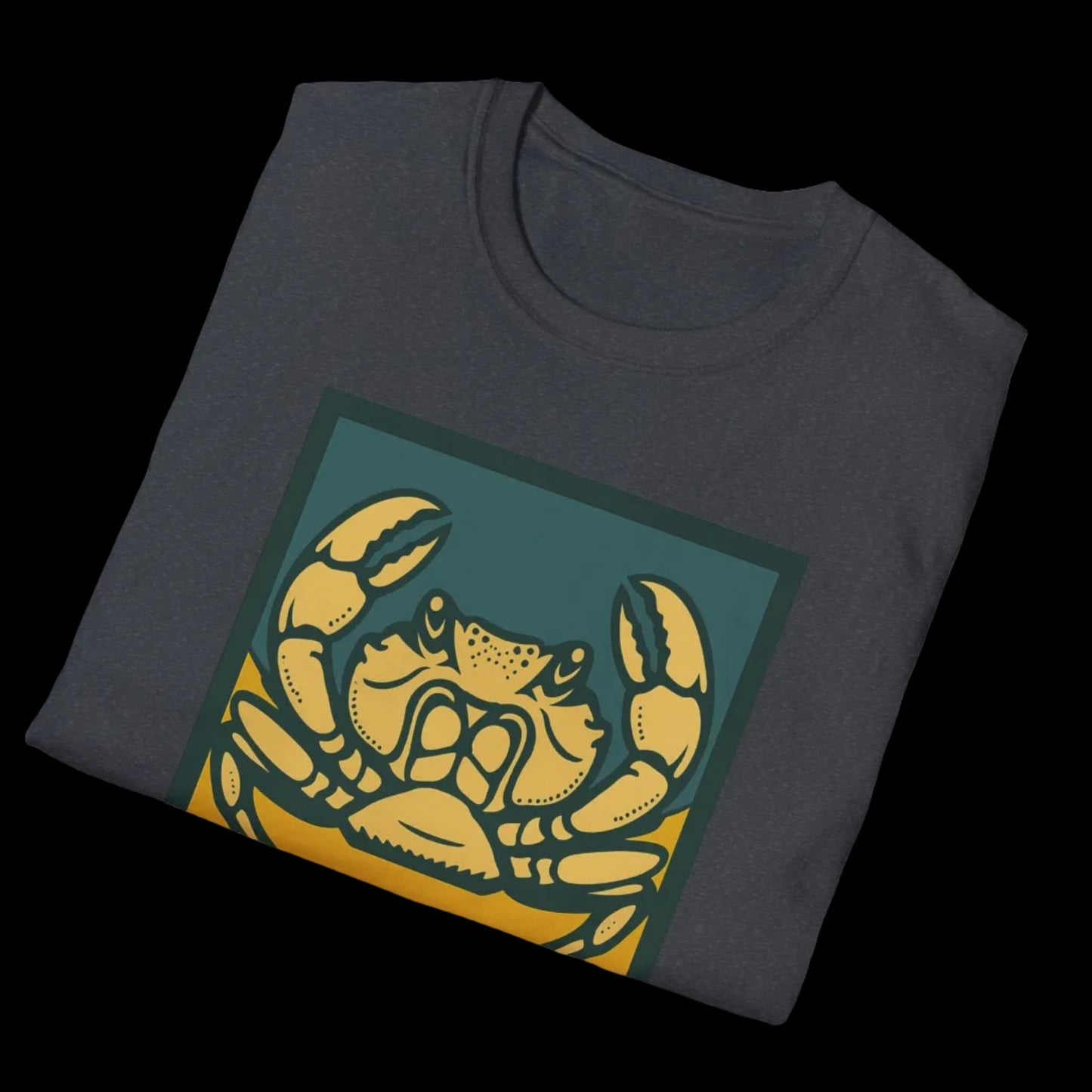 Folded black t-shirt with a yellow crab graphic on a white background