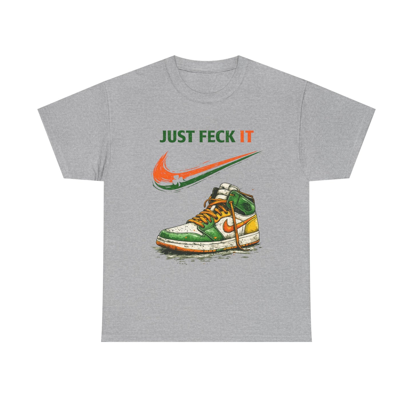 Gray t-shirt with a graphic of a sneaker and 'Just Feck It' text on a white background