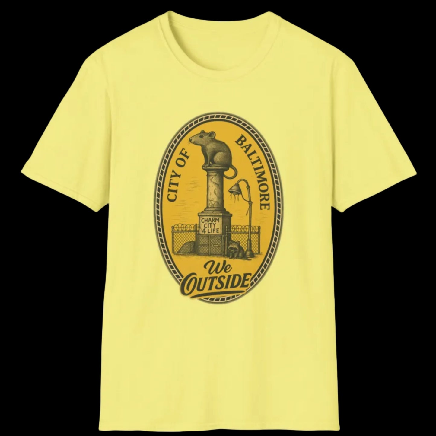 Yellow t-shirt with a graphic design on a white background
