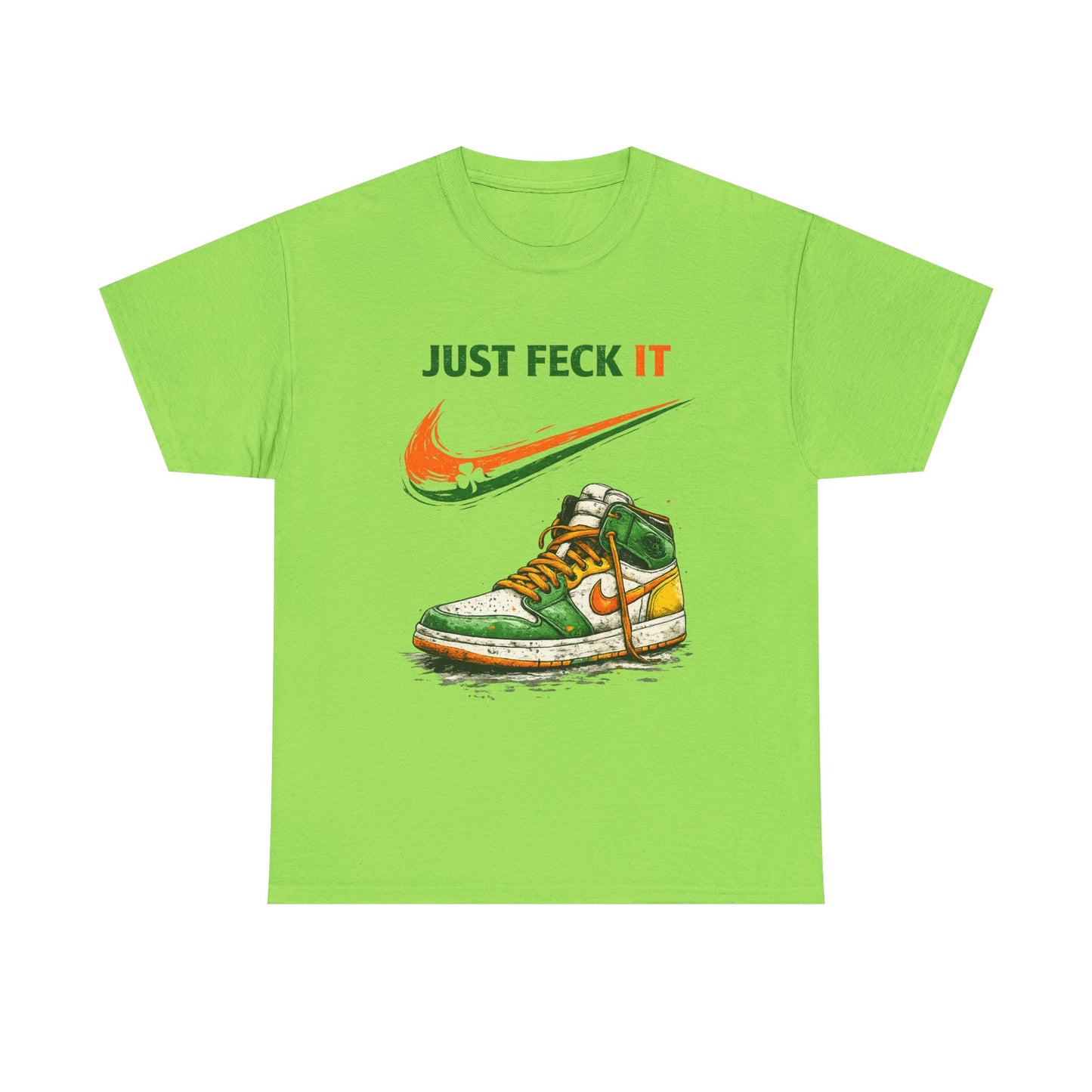Green t-shirt with graphic of a sneaker and text 'JUST FECK IT' on a white background