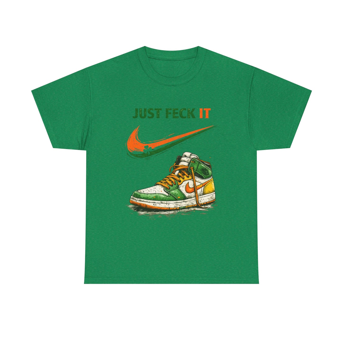Green t-shirt with a graphic of a sneaker and 'Just Feck It' text on a white background