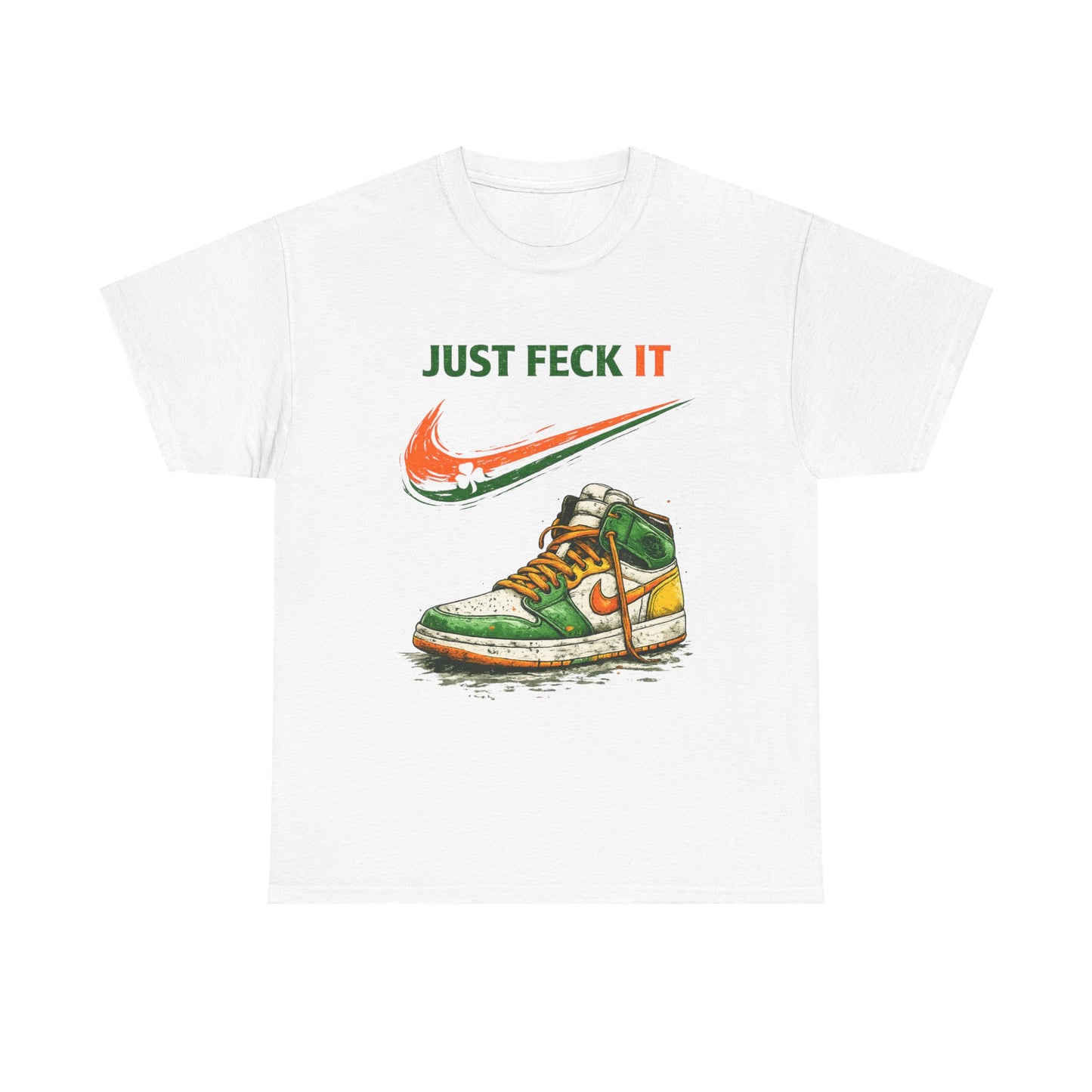 White t-shirt with a graphic of a sneaker and 'Just Feck It' text on a white background