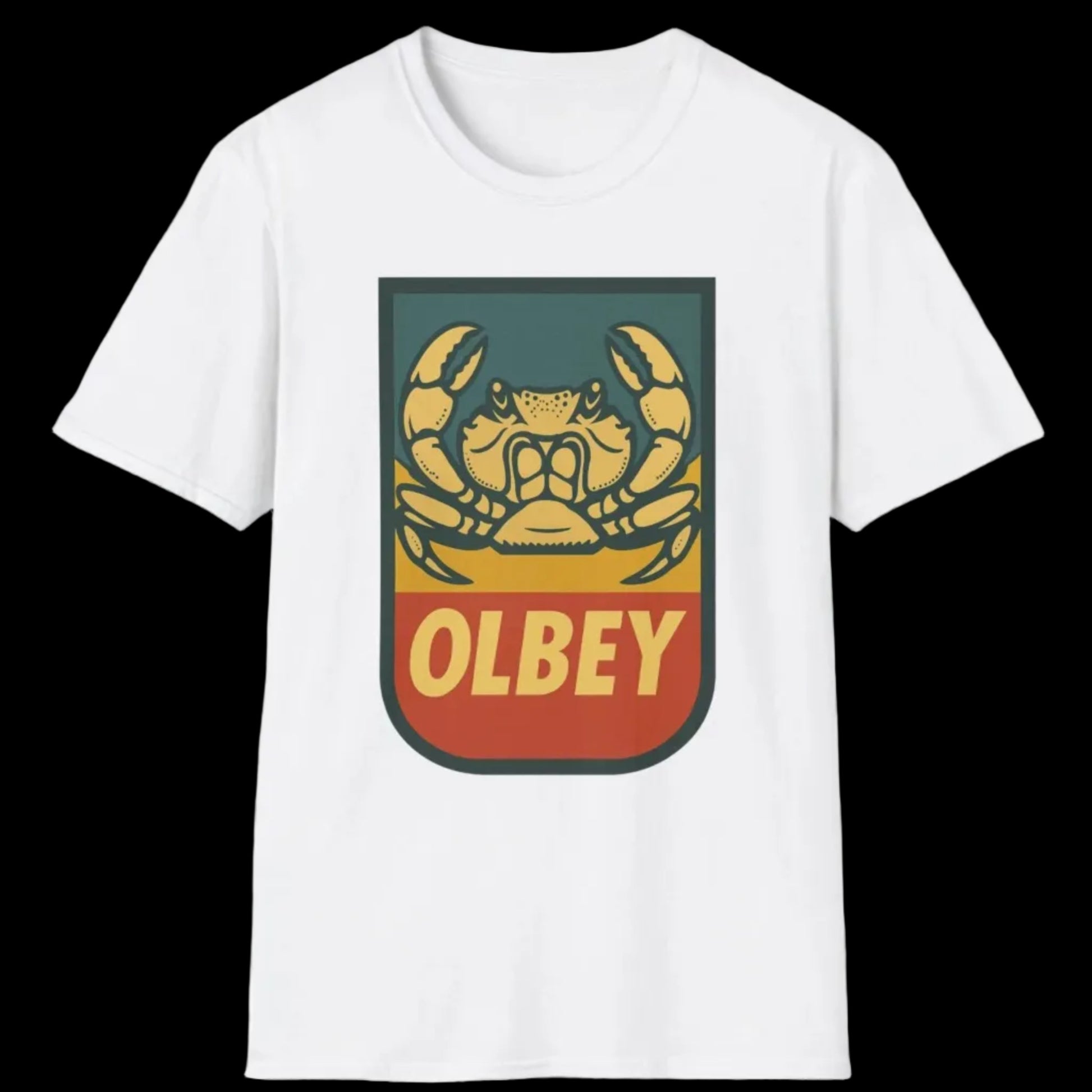 White t-shirt with a colorful logo featuring the word 'OLBEY' on a white background