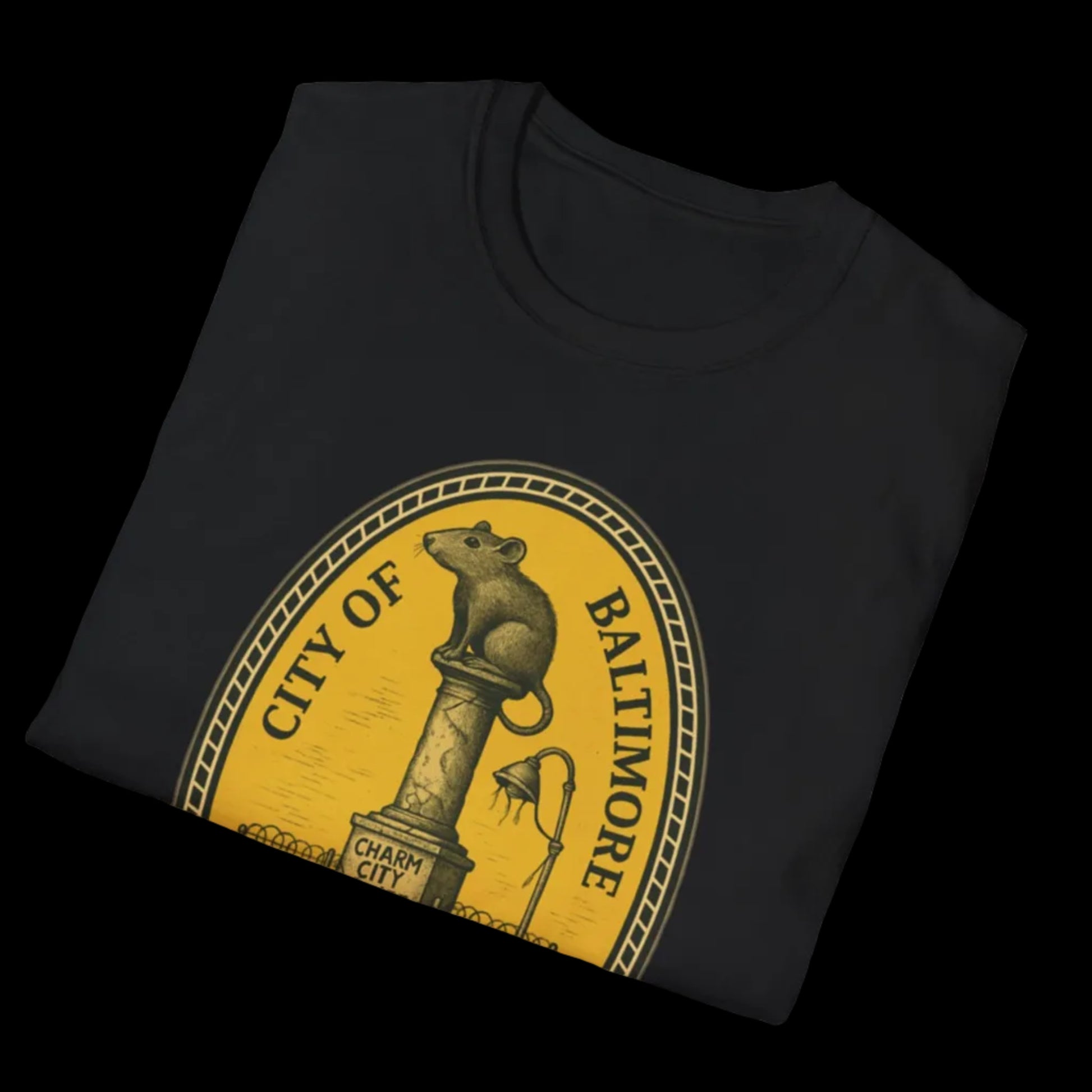 Black sweatshirt with yellow 'City of Baltimore' graphic on a white background