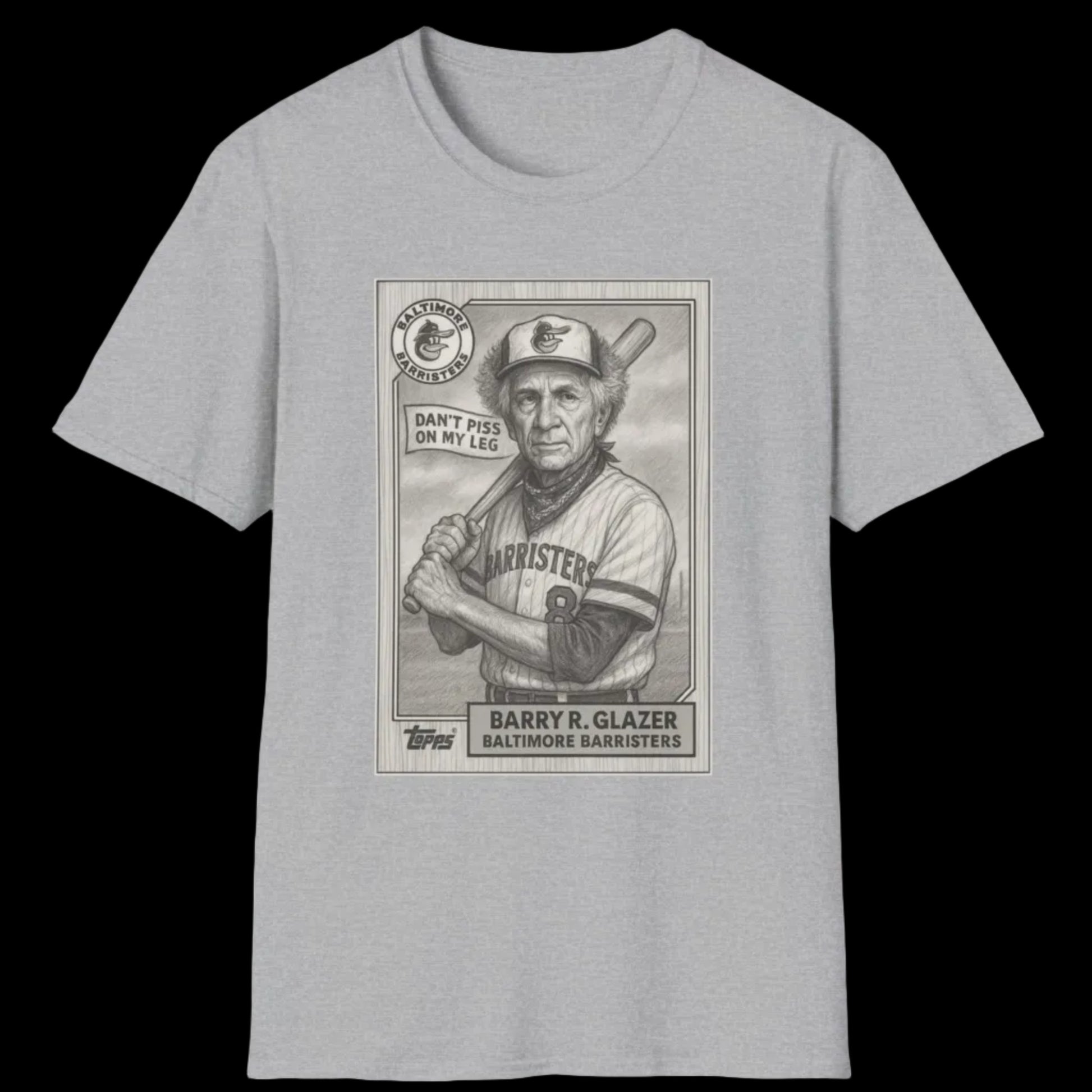 Gray t-shirt with vintage-style baseball player graphic and text on a white background
