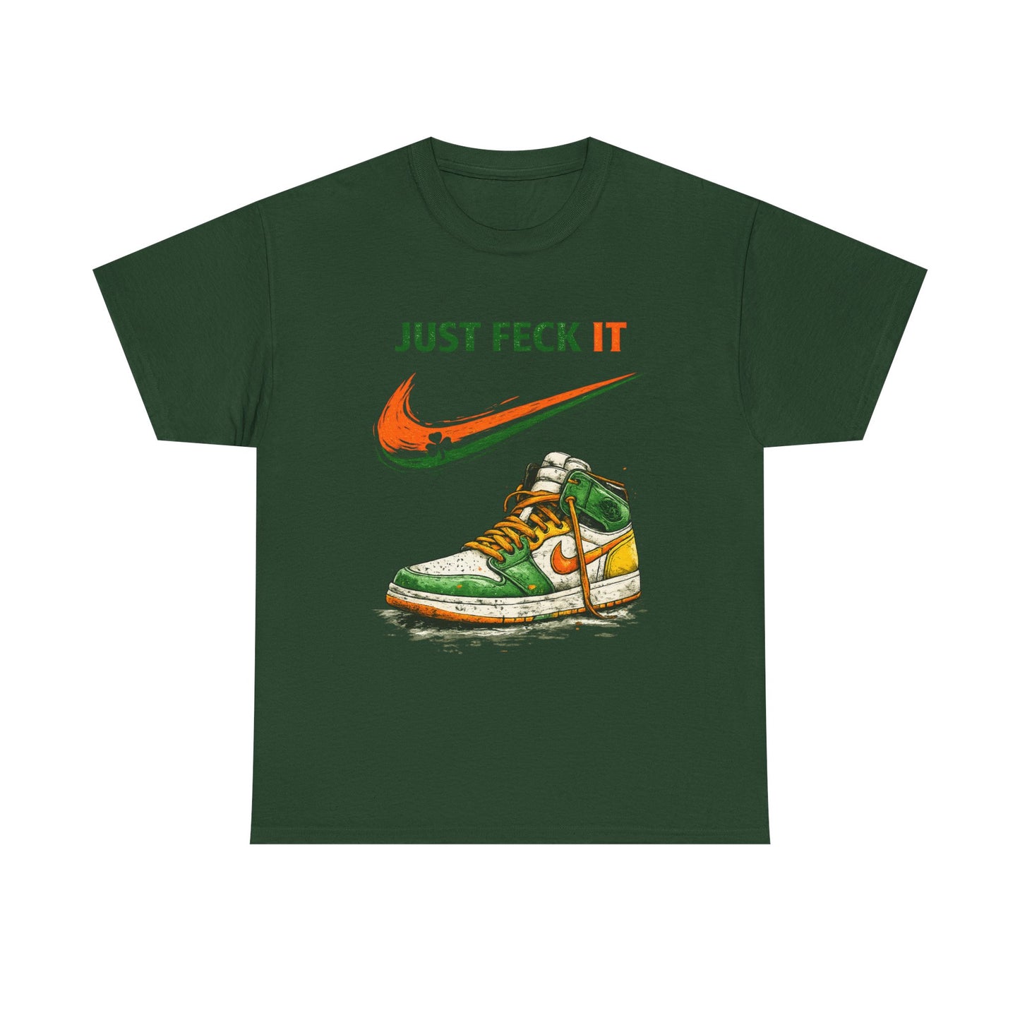 Green t-shirt with a graphic of a sneaker and text on a white background