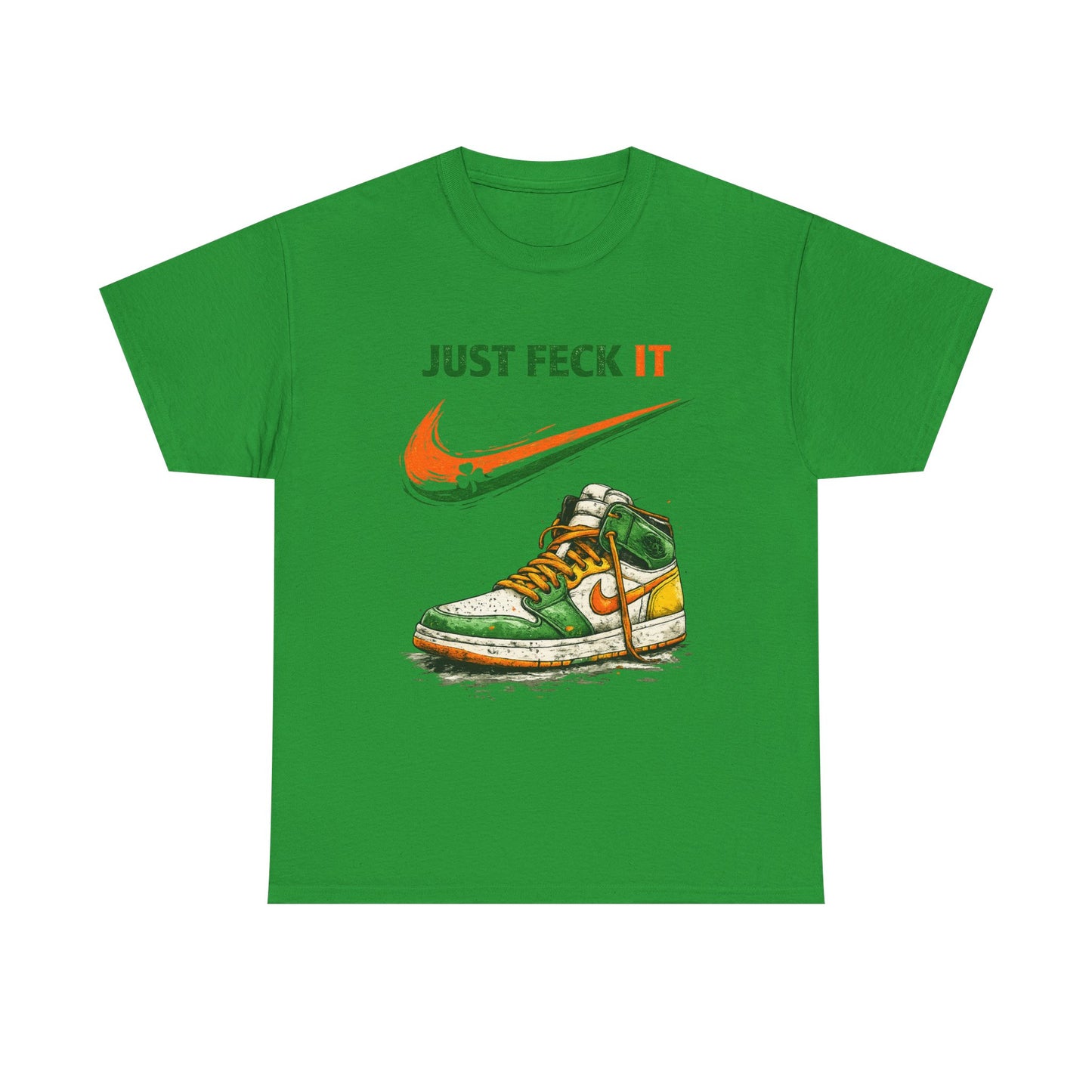 Green t-shirt with a graphic of a sneaker and 'Just Feck It' text on a white background