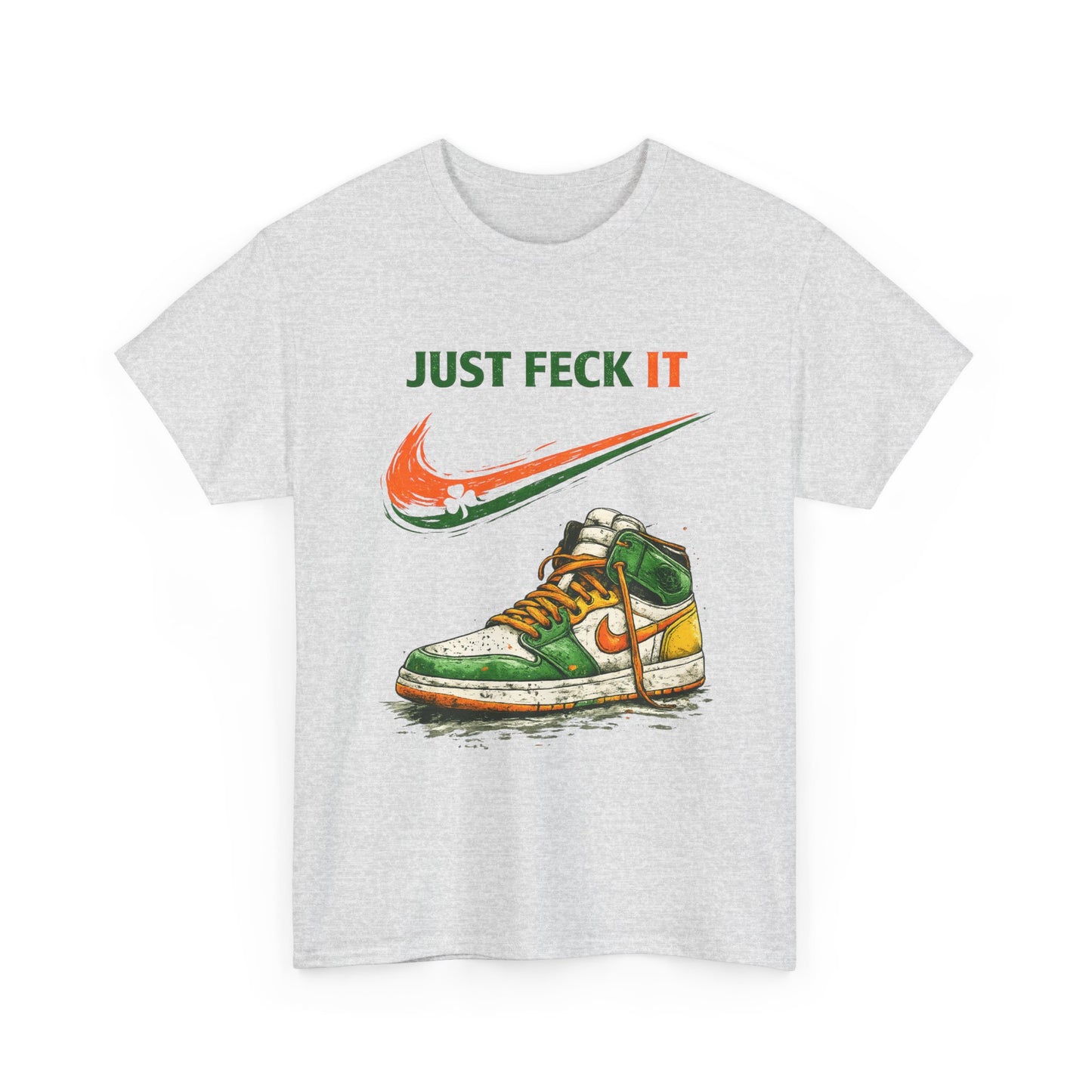 Gray t-shirt with a graphic of a sneaker and 'Just Feck It' text on a white background