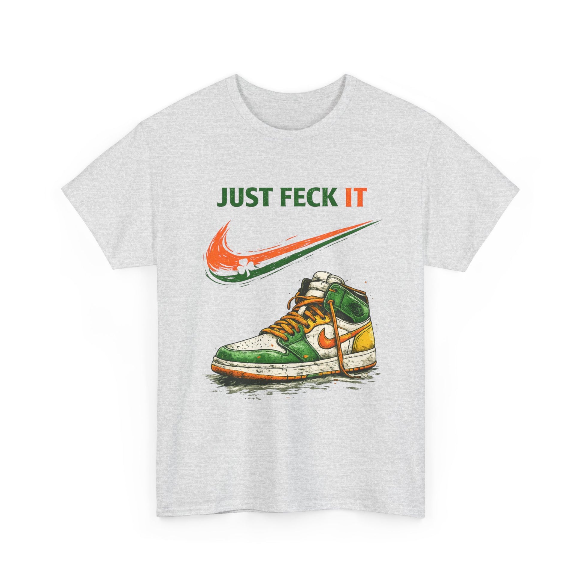 Gray t-shirt with a graphic of a sneaker and 'Just Feck It' text on a white background