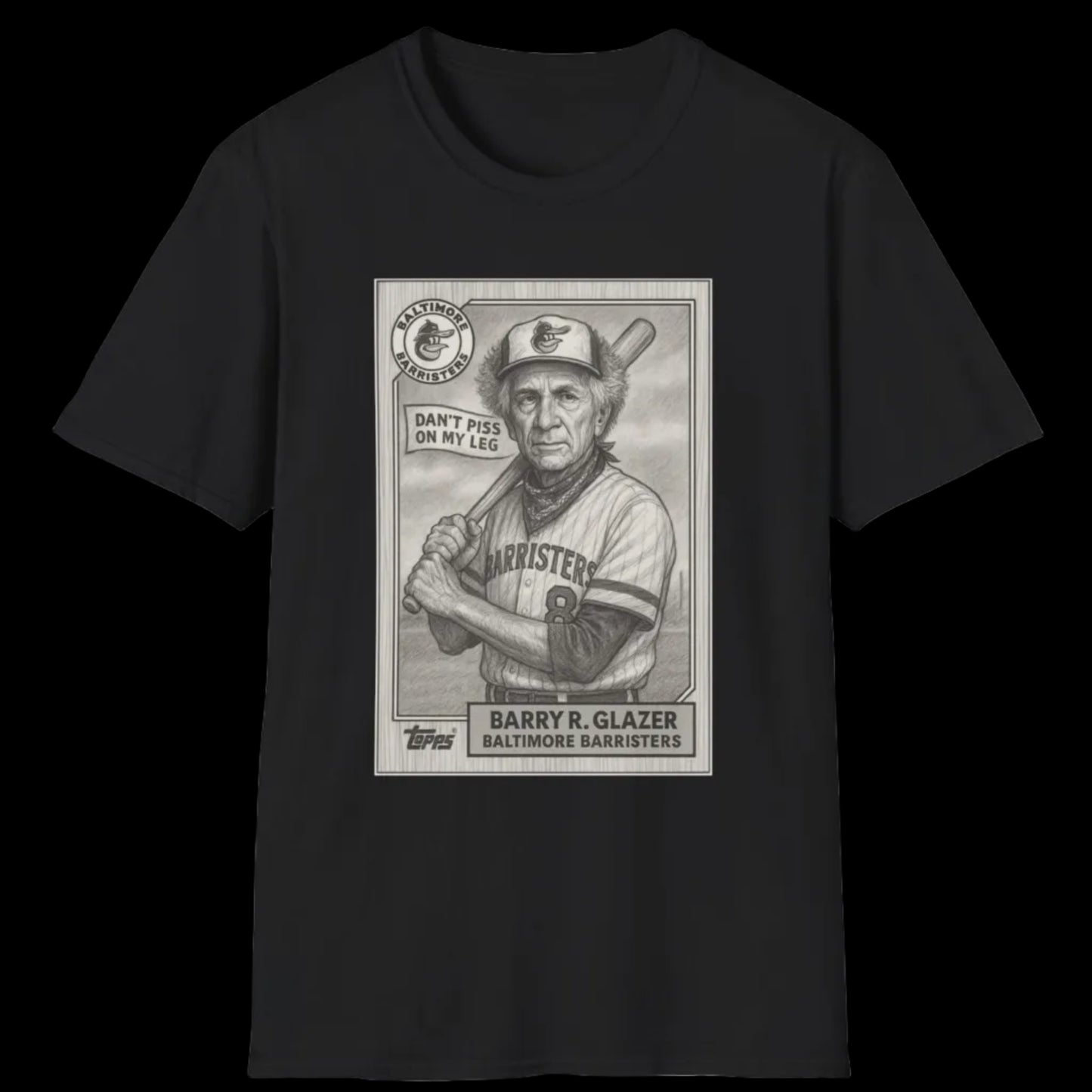 Black t-shirt with a graphic of a baseball player and text on a white background