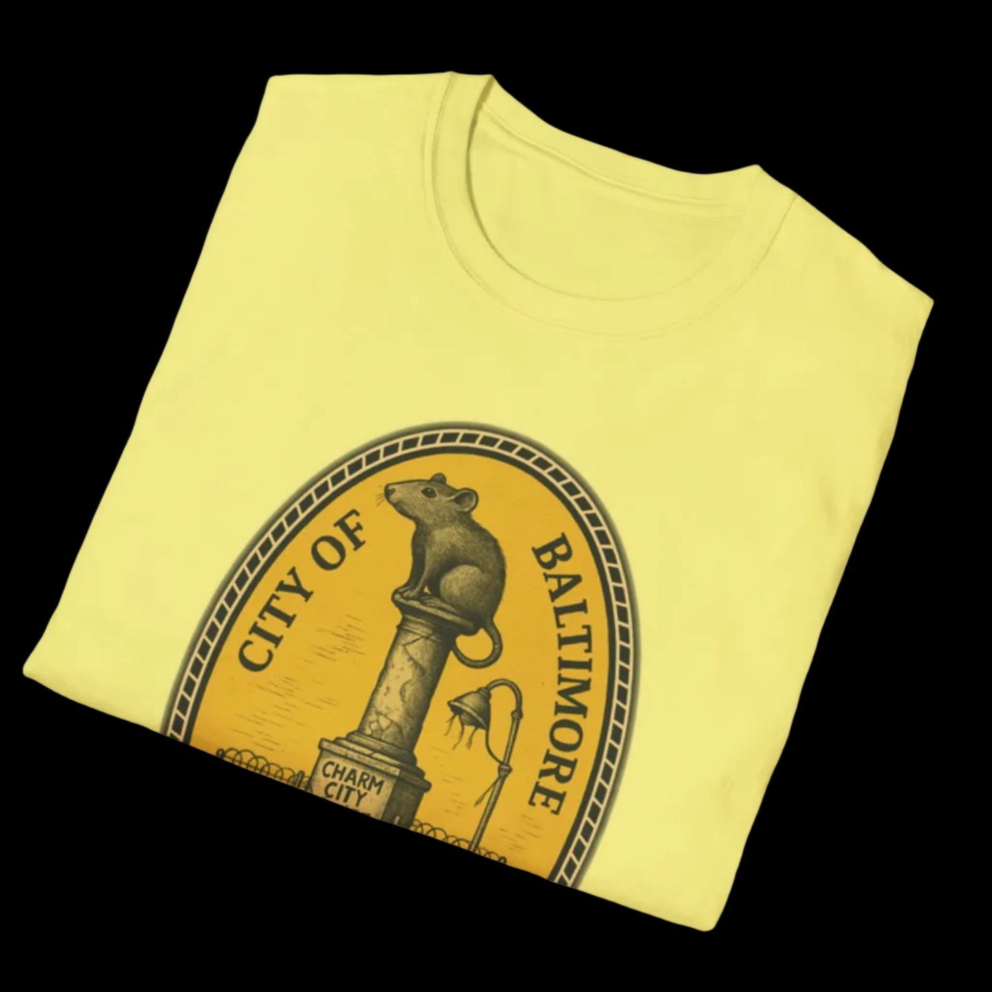 Yellow t-shirt with 'City of Baltimore' graphic on a white background
