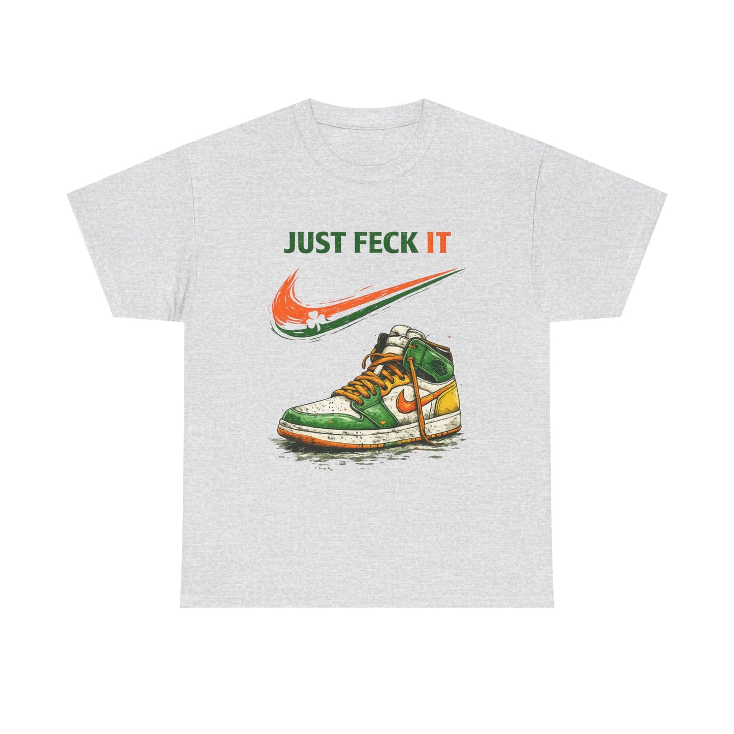 Gray t-shirt with graphic of a sneaker and 'Just Feck It' text on a white background