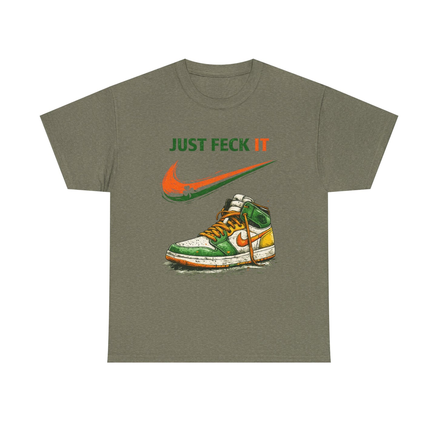 T-shirt with graphic design of sneakers and text on a white background