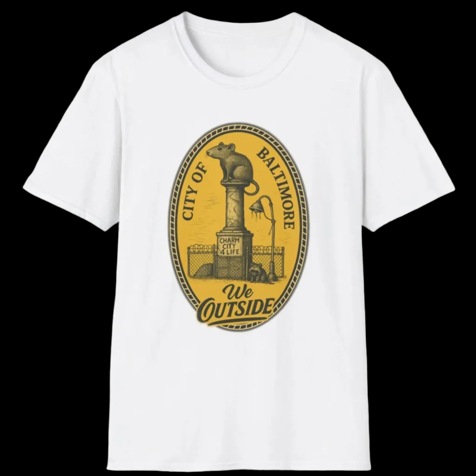 White t-shirt with a yellow and black graphic design on a white background