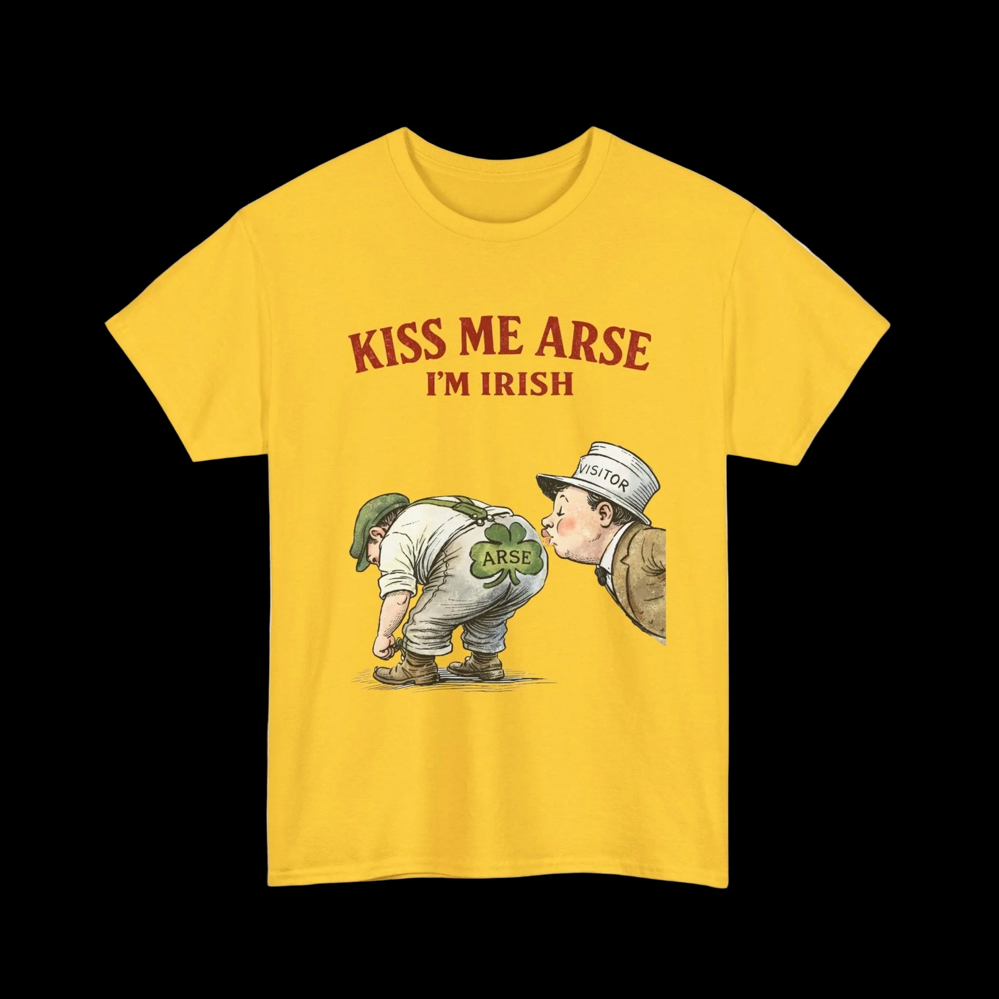 Yellow t-shirt with graphic and text 'Kiss Me Arse I'm Irish' on a white background