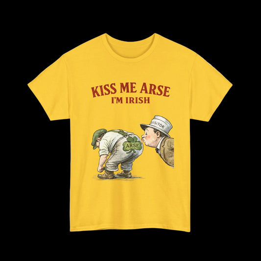 Yellow t-shirt with graphic and text 'Kiss Me Arse I'm Irish' on a white background