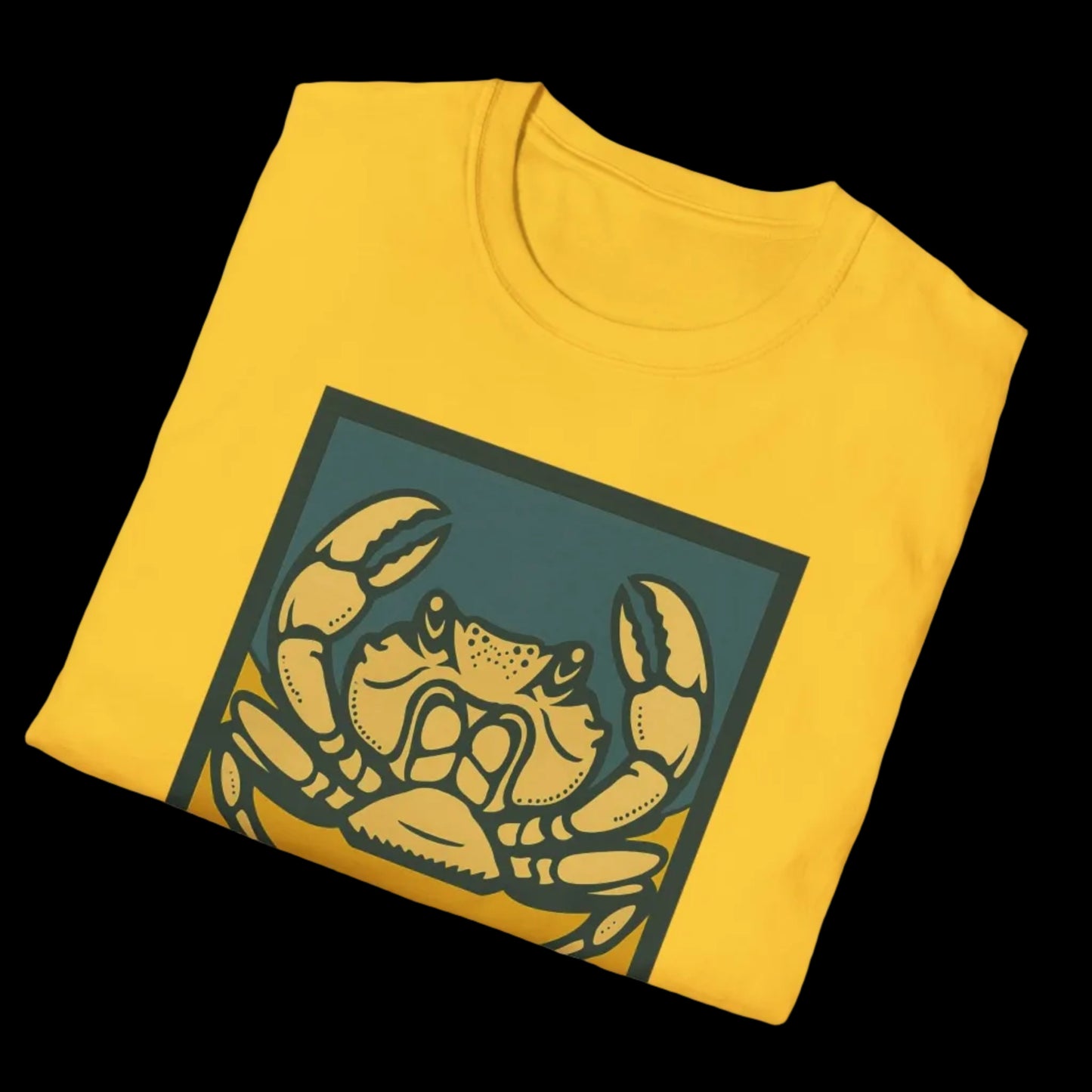 Yellow t-shirt with a crab graphic on a white background