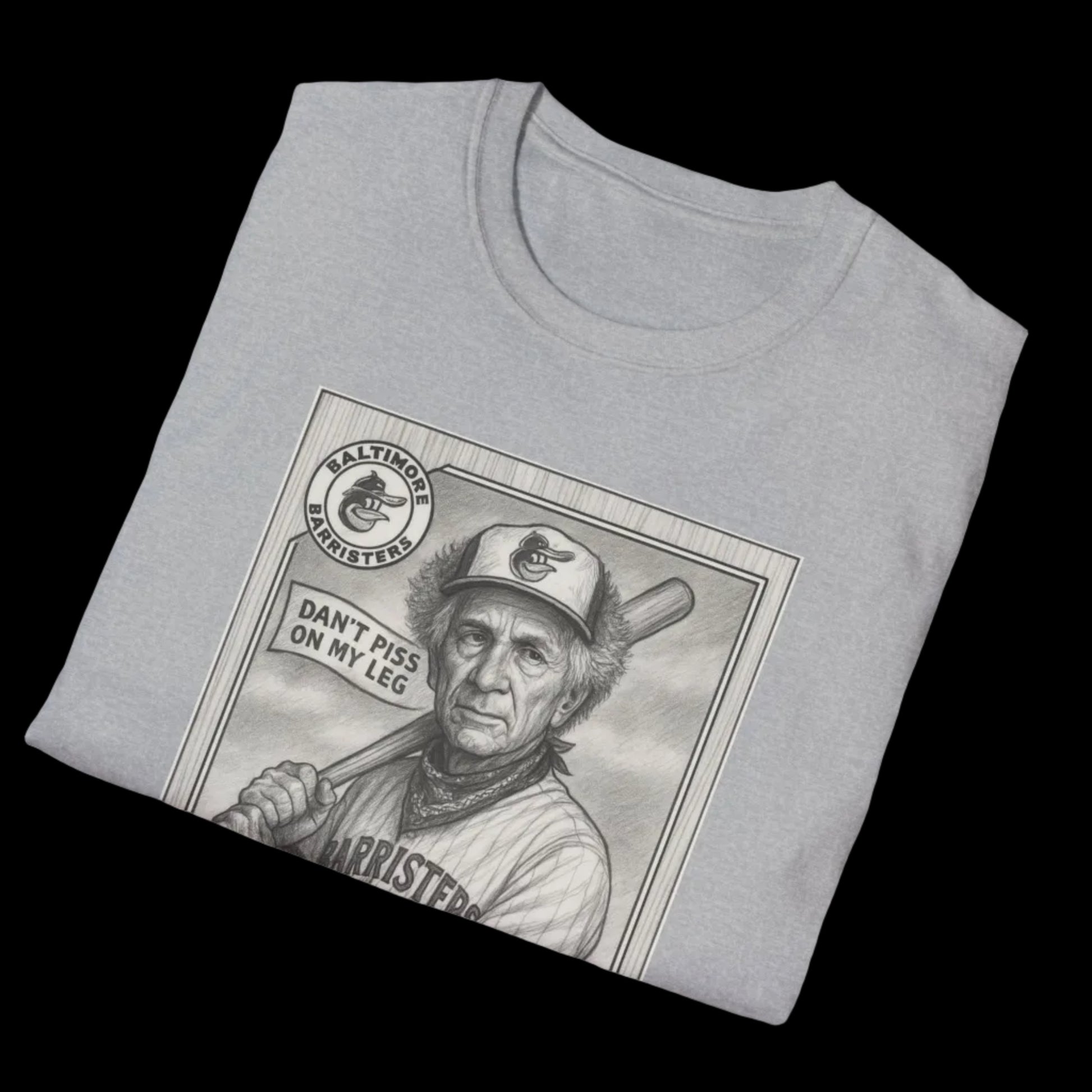 Folded gray t-shirt with a graphic of a vintage baseball player and text on a white background