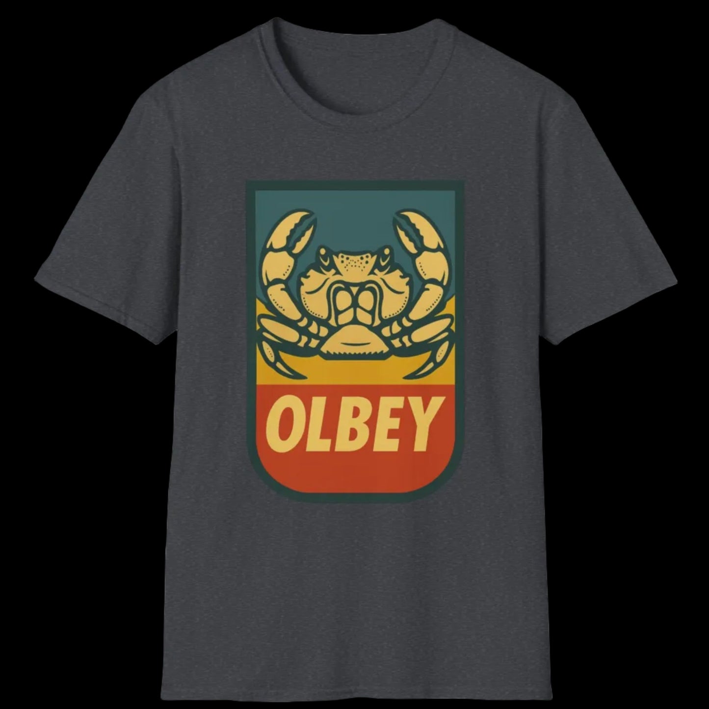 Dark gray t-shirt with a colorful graphic and 'OLBEY' text on a white background