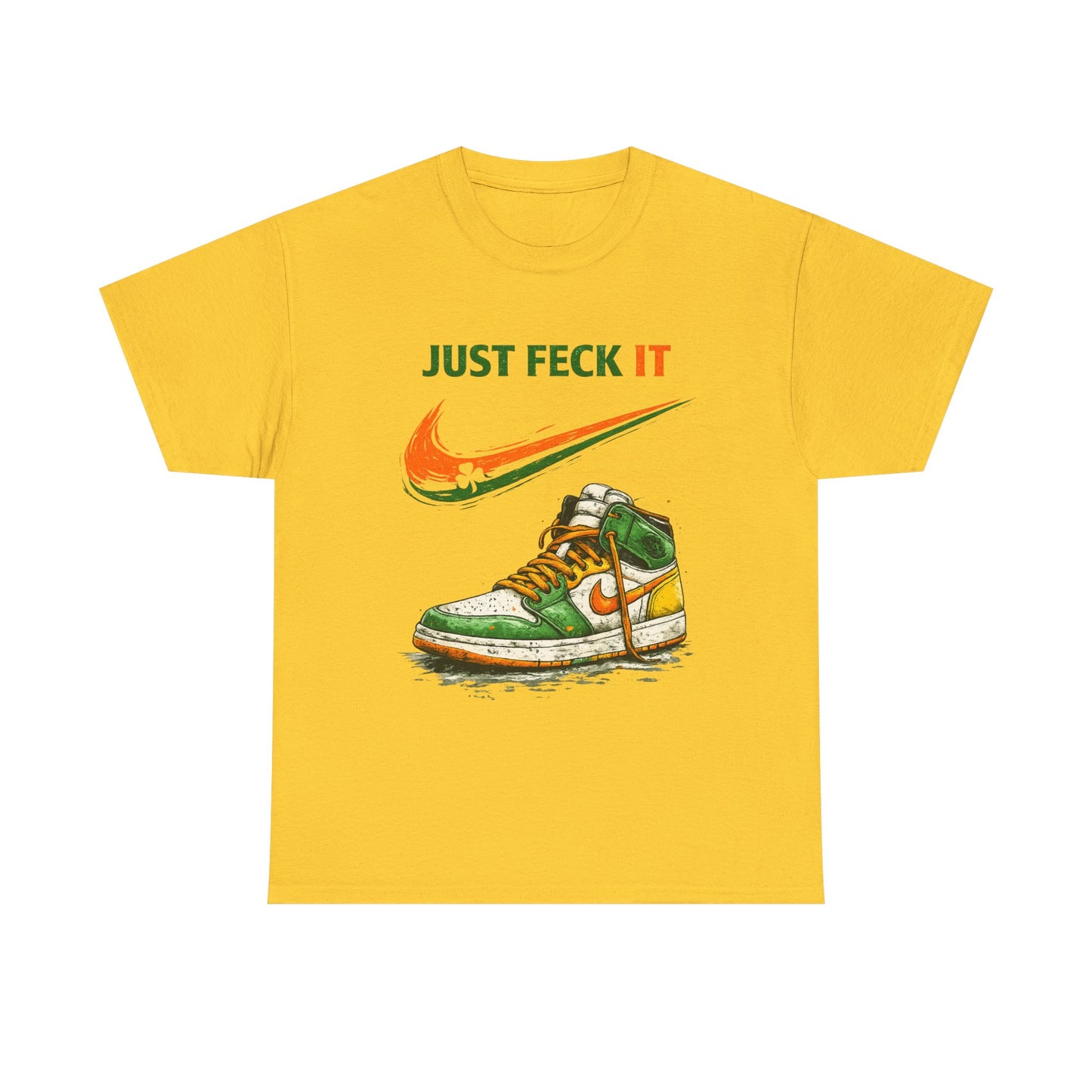 Yellow t-shirt with a graphic of a sneaker and text on a white background
