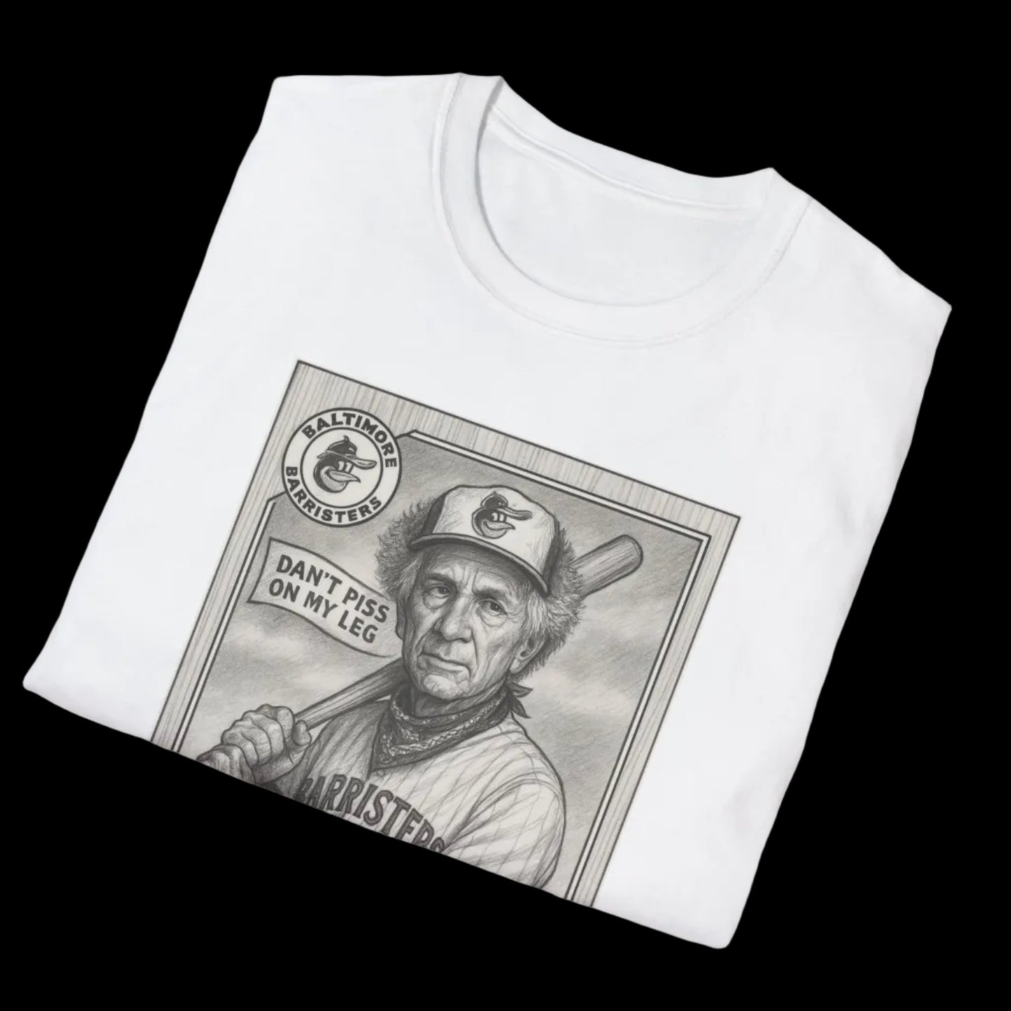 White t-shirt with a graphic of a baseball player and text on a white background