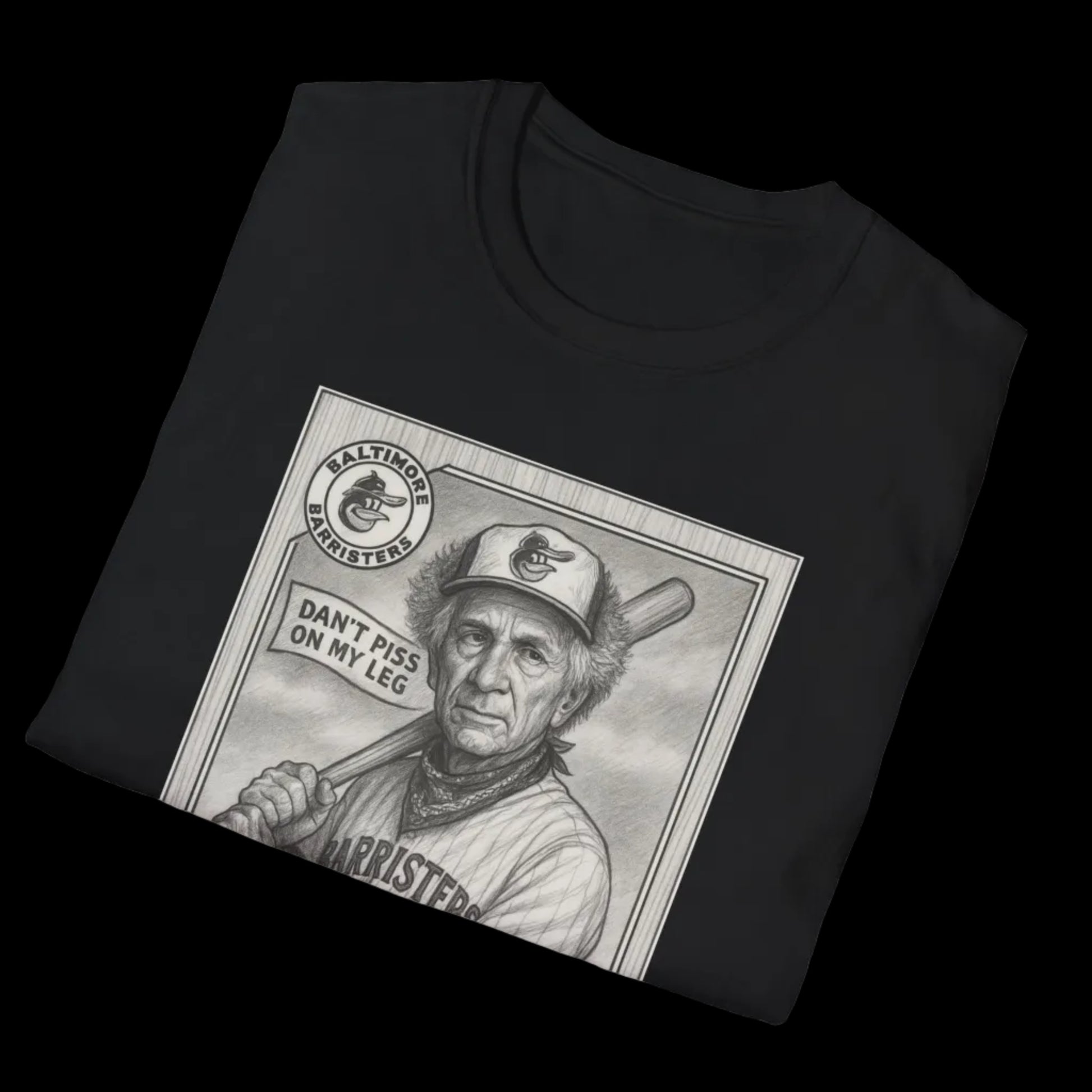 Folded black t-shirt with a graphic of a vintage baseball player and text on a white background