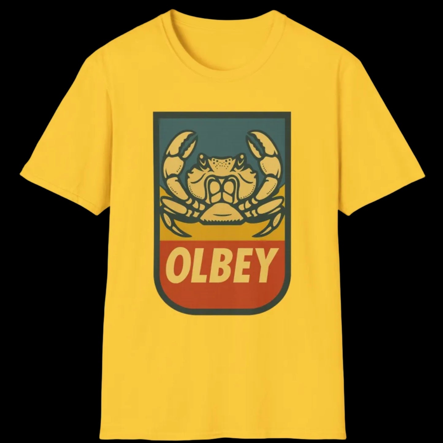 Yellow t-shirt with Olbey logo on a white background