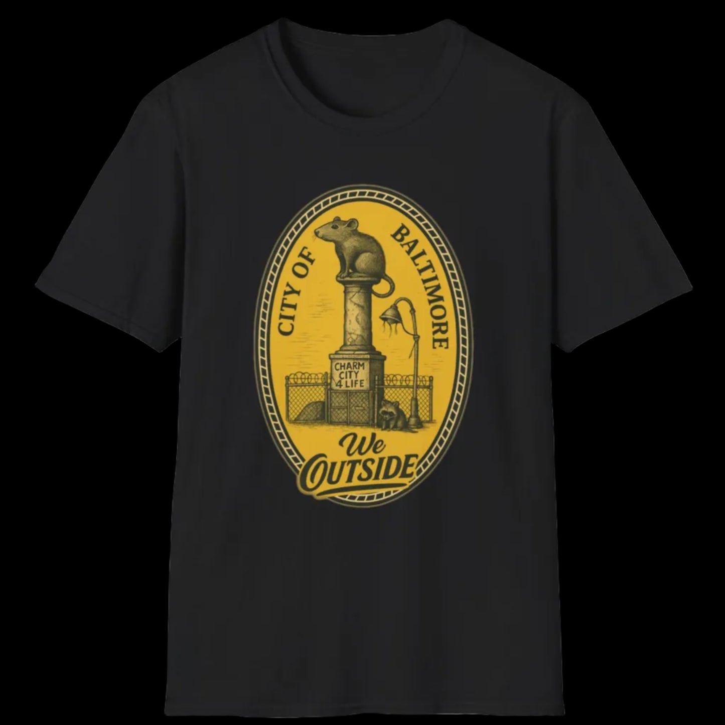 Black t-shirt with yellow graphic design featuring a rat and text on a white background