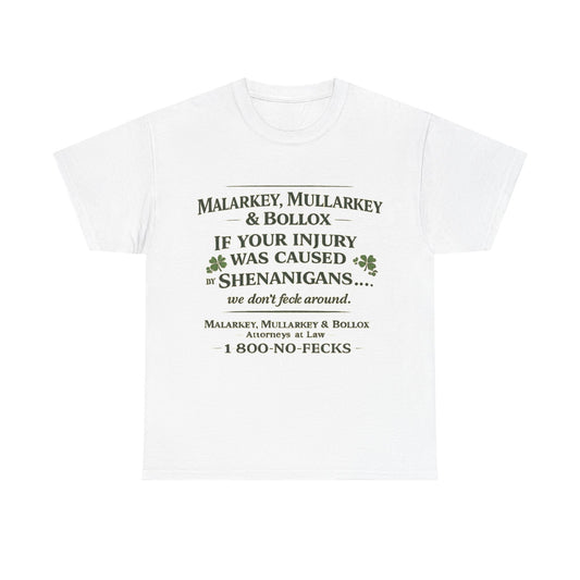Malarkey, Mullarkey & Bollox™ | Irish Injury Law Parody T-Shirt