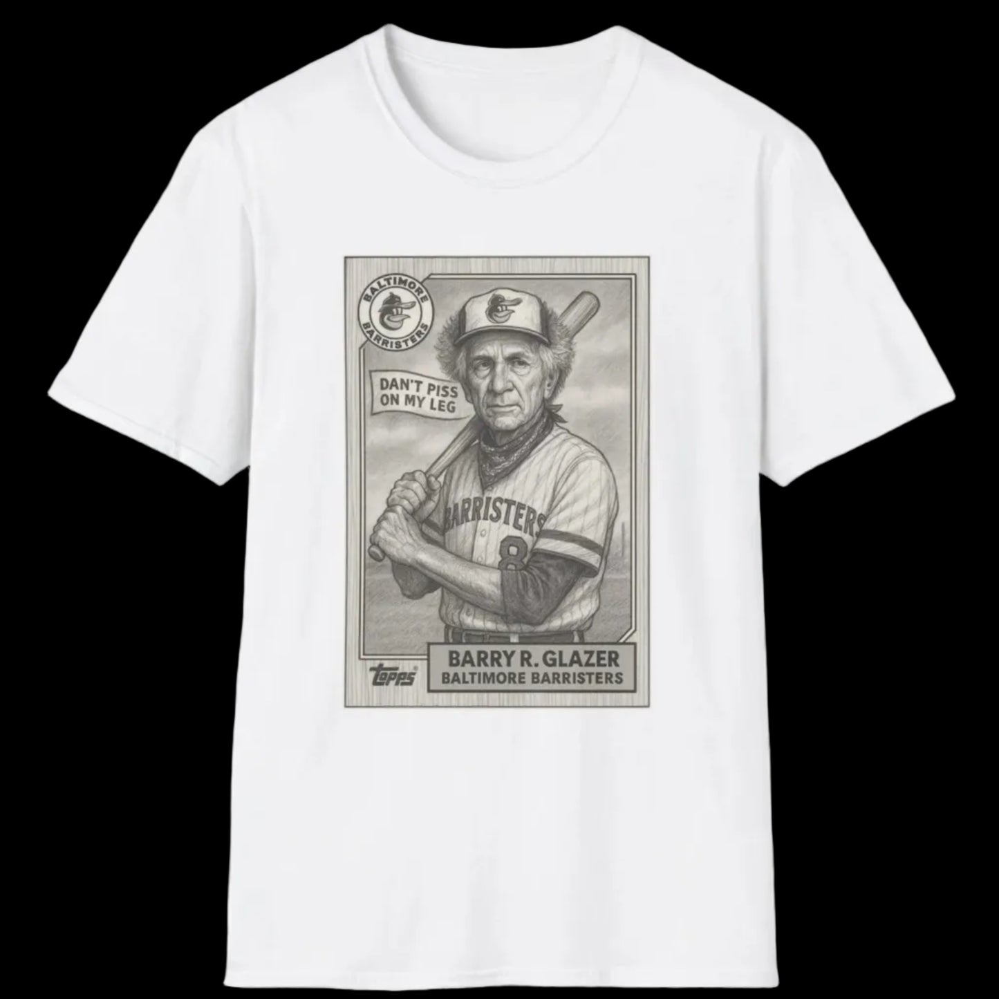 White t-shirt with a graphic of a baseball player and text on a black background