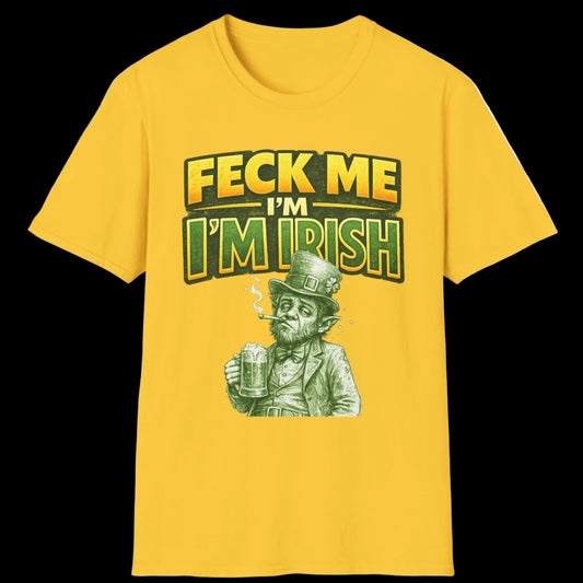 Yellow t-shirt with 'FECK ME I'M IRISH' text and graphic on a white background