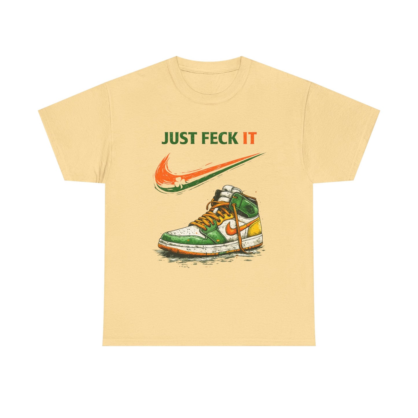 Beige t-shirt with a graphic of a sneaker and 'Just Feck It' text on a white background