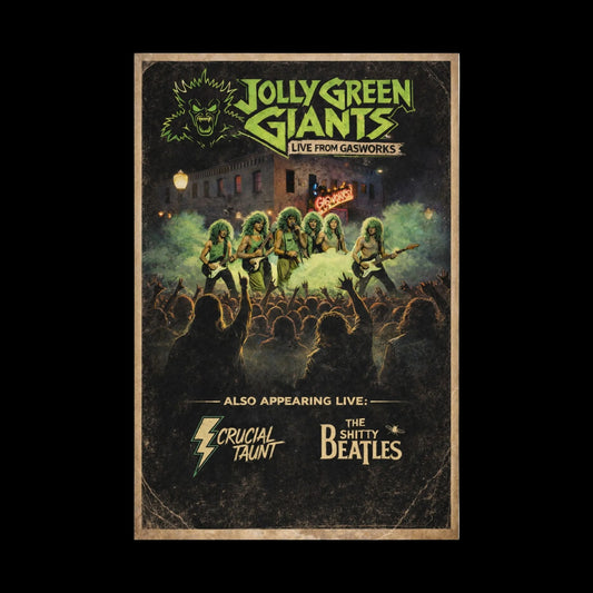 Poster for 'Jolly Green Giants' live at Gasworks, featuring band members and crowd.