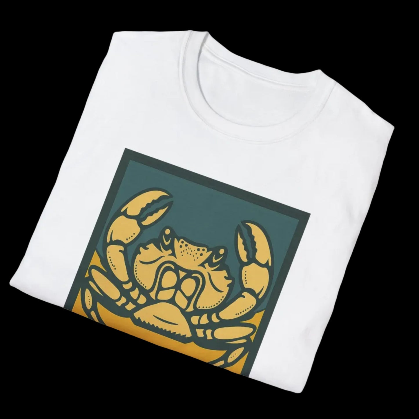 White t-shirt with a gold crab design on a green square background